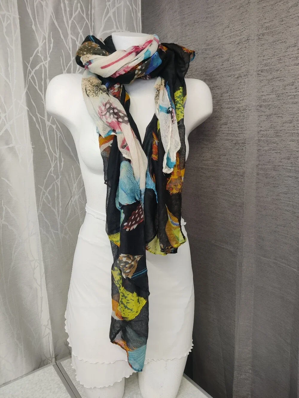 Bird Print Scarf Lot of 2 Lightweight Sheer Viscose Polyester 1 Oversized Wrap